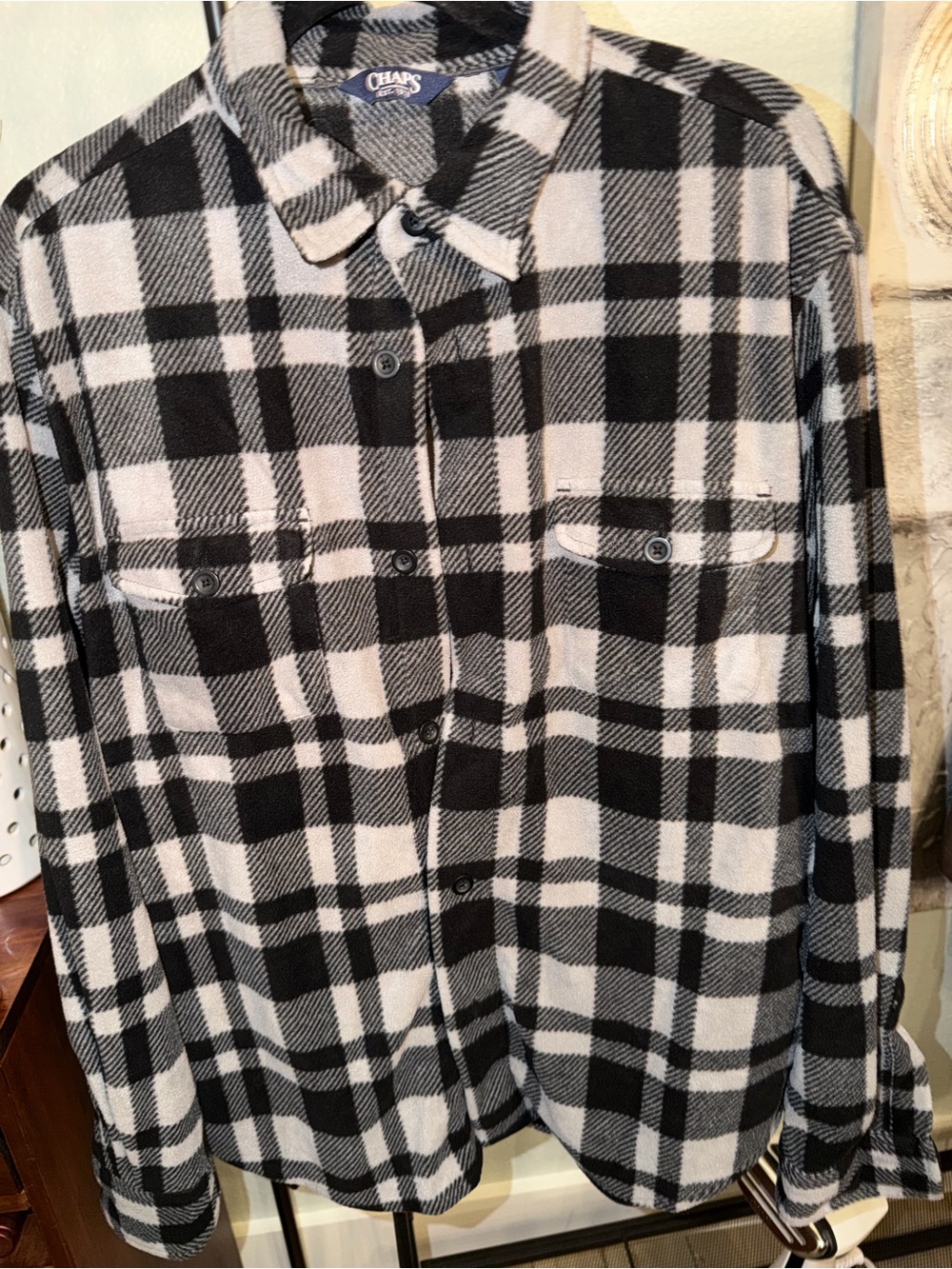 Chaps Men's Black and White Plaid Fleece Flannel Shirt - Large